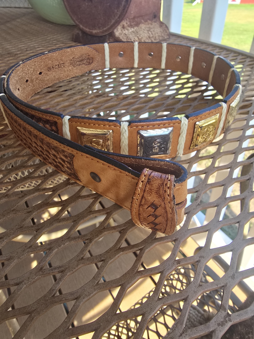 Vintage Western Tan Leather Belt with Gold & Silver Conchos